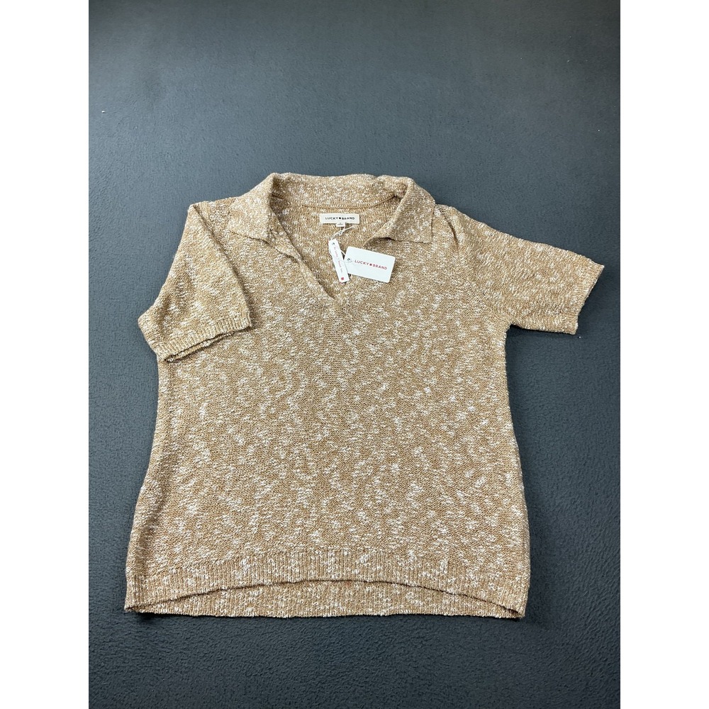 Lucky Brand Sweater Womens M Beige Collared Short Sleeve Pullover Open-Knit